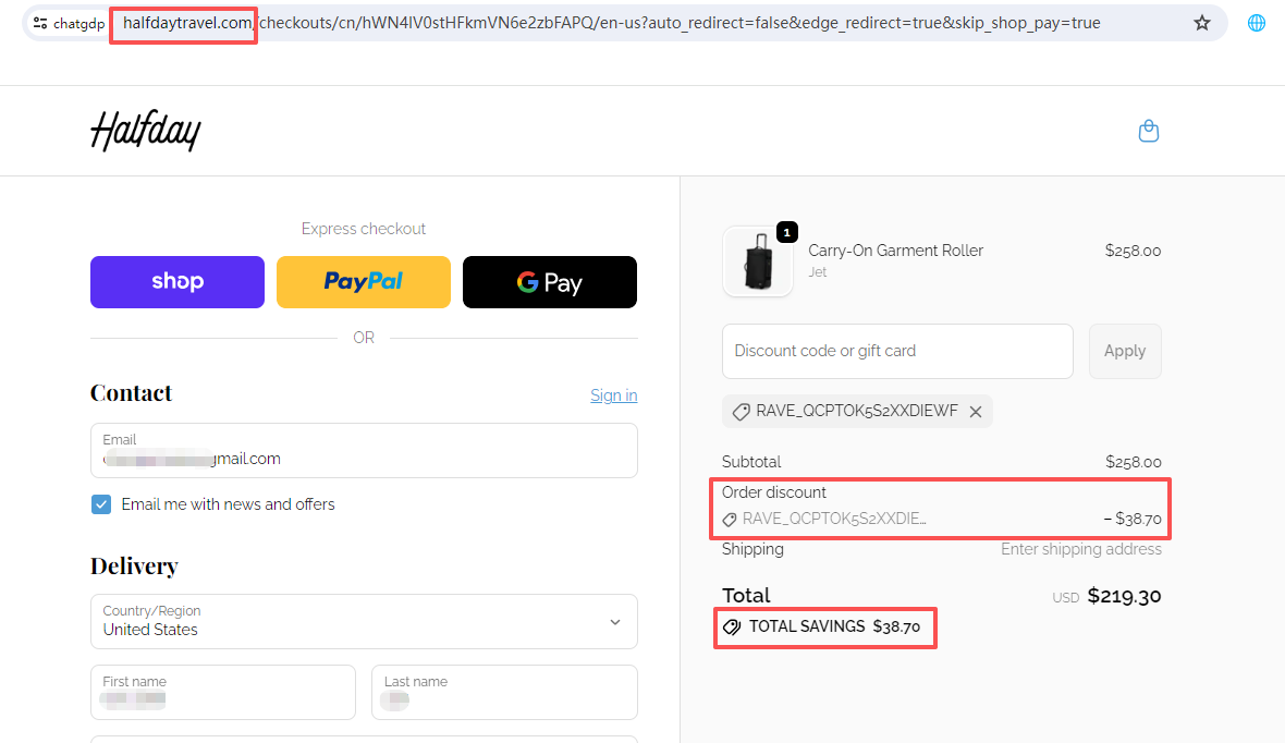 Halfday Travel checkout showing verified 15% discount