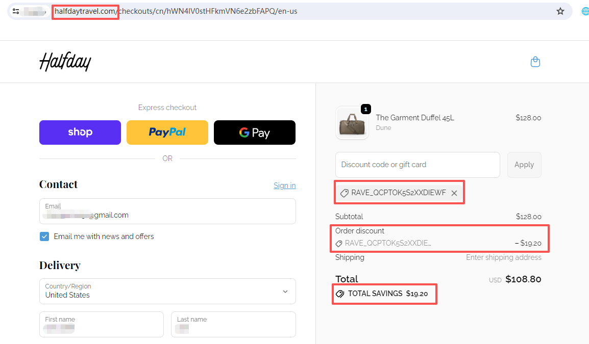 Halfday Travel checkout showing verified 15% discount
